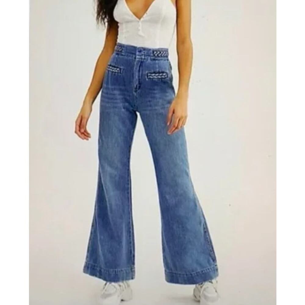 We The Free Medium Blue High Rise Flare Jeans with Braided Trim